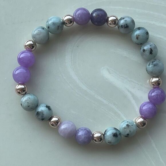 Lepidolite kiwi jasper rose gold tone ONE NEW stretch bracelet crystal stone med - Picture 2 of 10